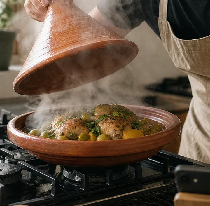 A chicken tagine simmering, as a recipe imported from a video