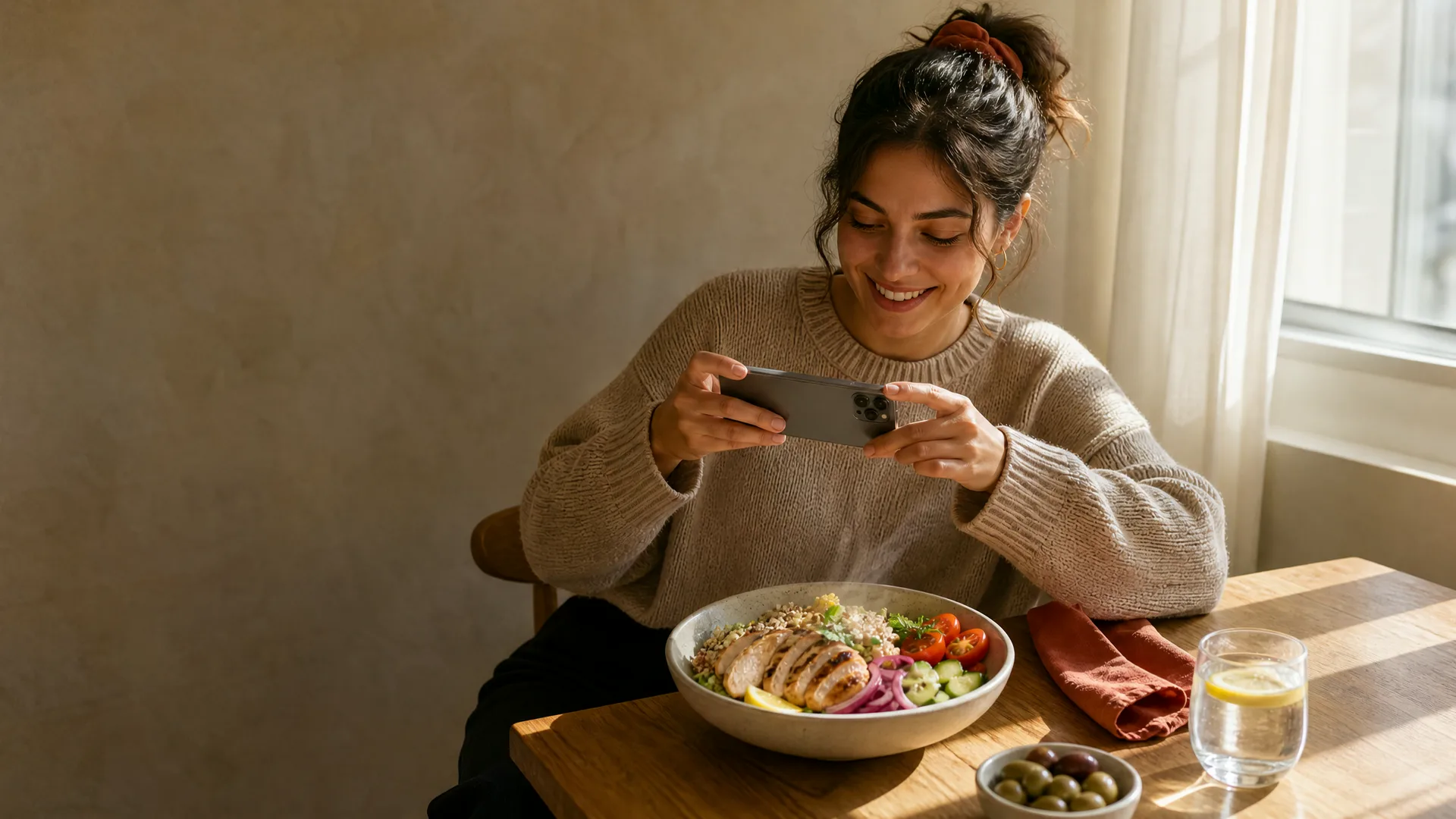 A woman at a sunny kitchen table photographs her grilled chicken quinoa bowl with her phone to log it in Laddaty.