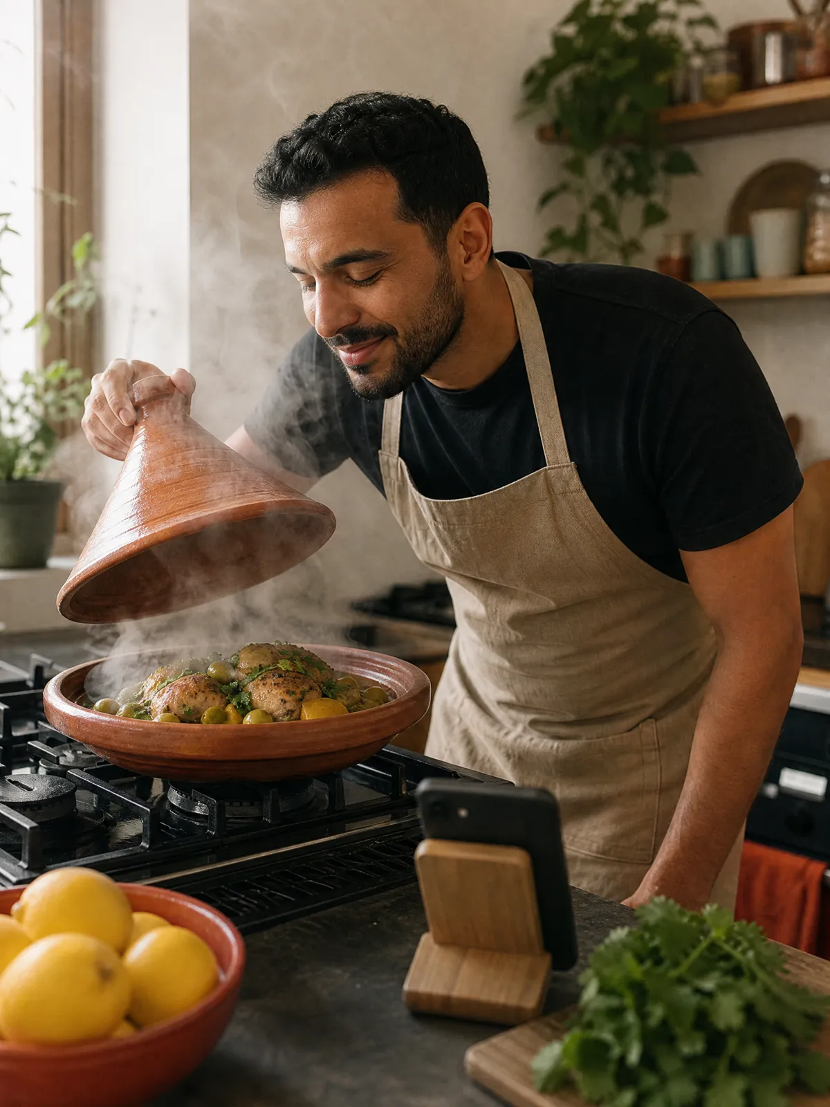 A man in a beige apron lifts the lid of a steaming chicken tagine with olives and preserved lemon, his phone on a stand beside the stove.