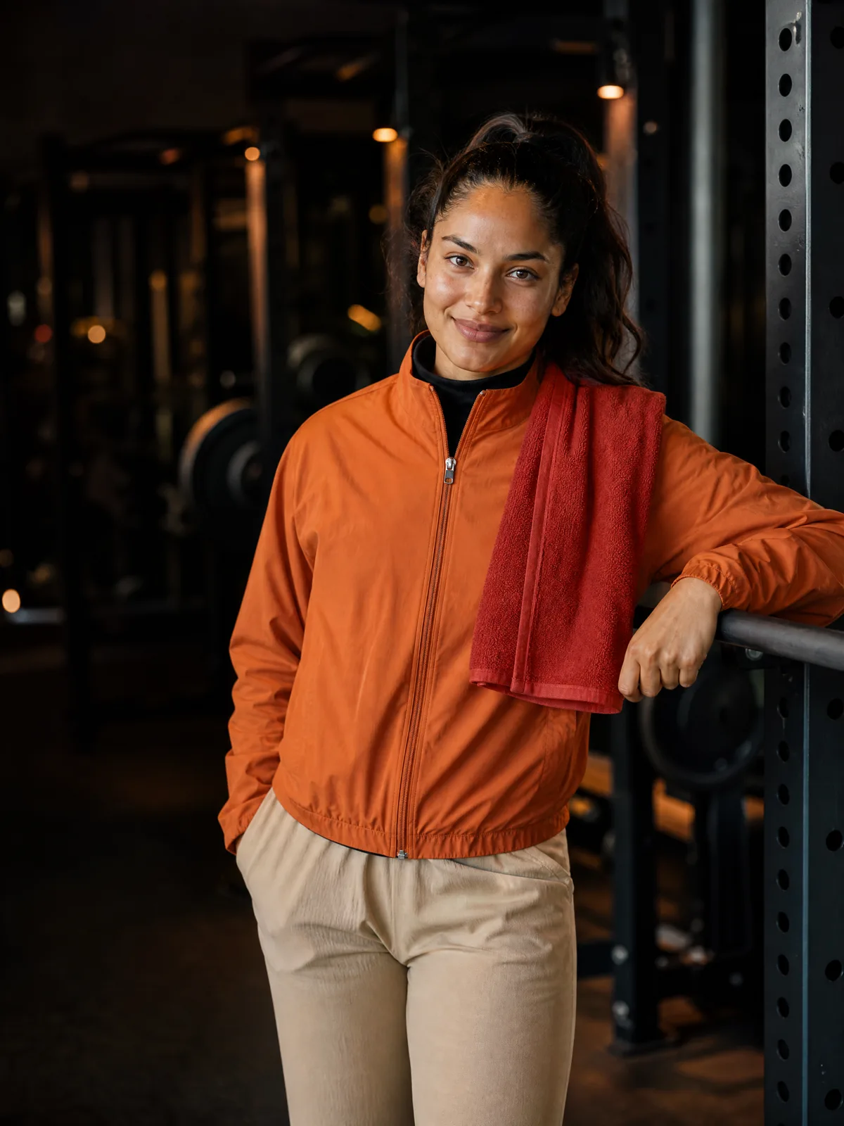 A woman in an orange track jacket and beige joggers, towel over her shoulder, smiling after a strength session in the gym.