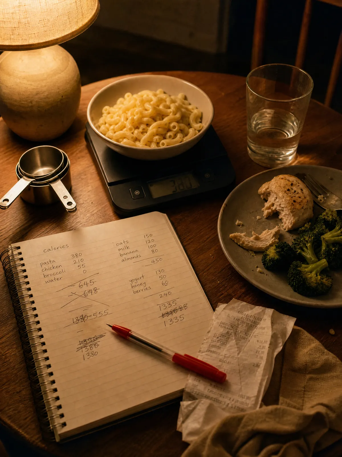 A kitchen scale, measuring cups and a notebook full of crossed-out calorie totals next to a cold plate of chicken and broccoli.