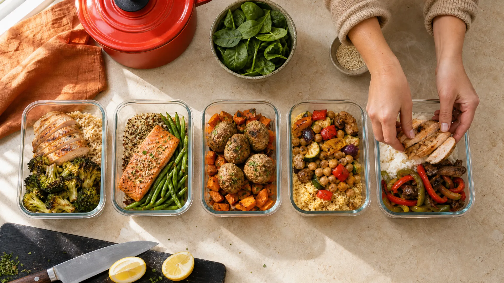 Hands filling five meal-prep containers with chicken and rice, salmon and quinoa, turkey meatballs, chickpea couscous and beef with peppers.